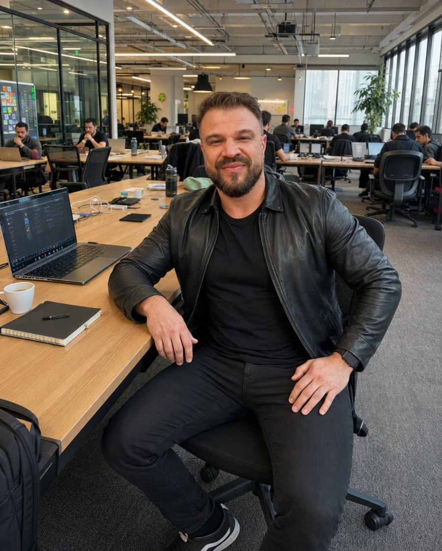 André Zucatti sentado em mesa de escritório, com notebook aberto, equipe trabalhando ao fundo