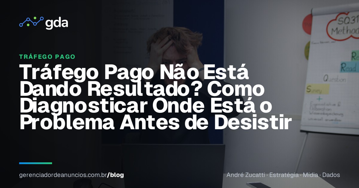 Empresário revisando resultados de campanhas de anúncios em um laptop, com expressão de dúvida