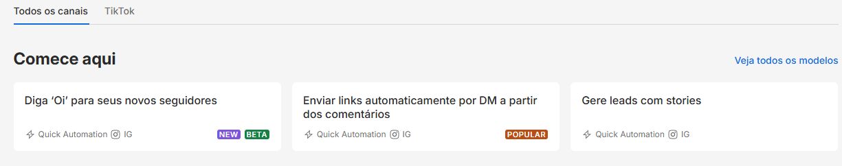 Na tela inicial, o cartão central cria a automação de comentário com entrega por DM.