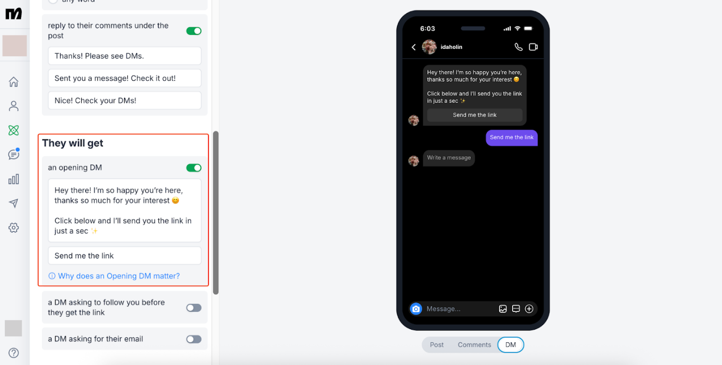 “An Opening DM” é a mensagem inicial. O botão convida a pessoa a continuar a conversa.