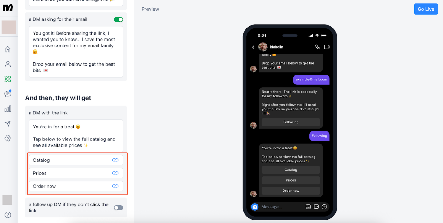 A área “a DM with the link” reúne mensagem e links. O exemplo oficial mostra três destinos e etapas extras; neste exercício, use apenas o catálogo.