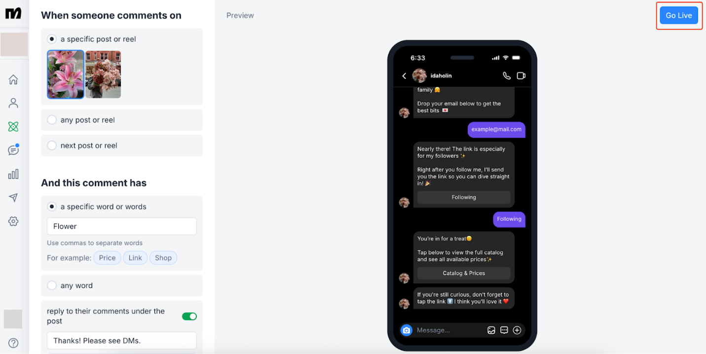 “Go Live”, no canto superior direito, coloca a automação em funcionamento.