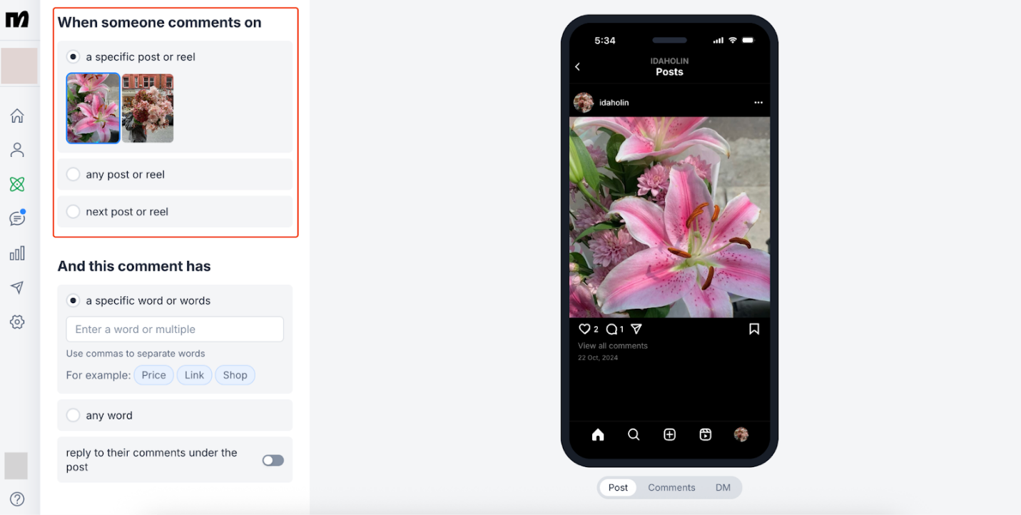 “A specific post or reel” seleciona uma publicação específica. A imagem com flores pertence ao exemplo oficial.