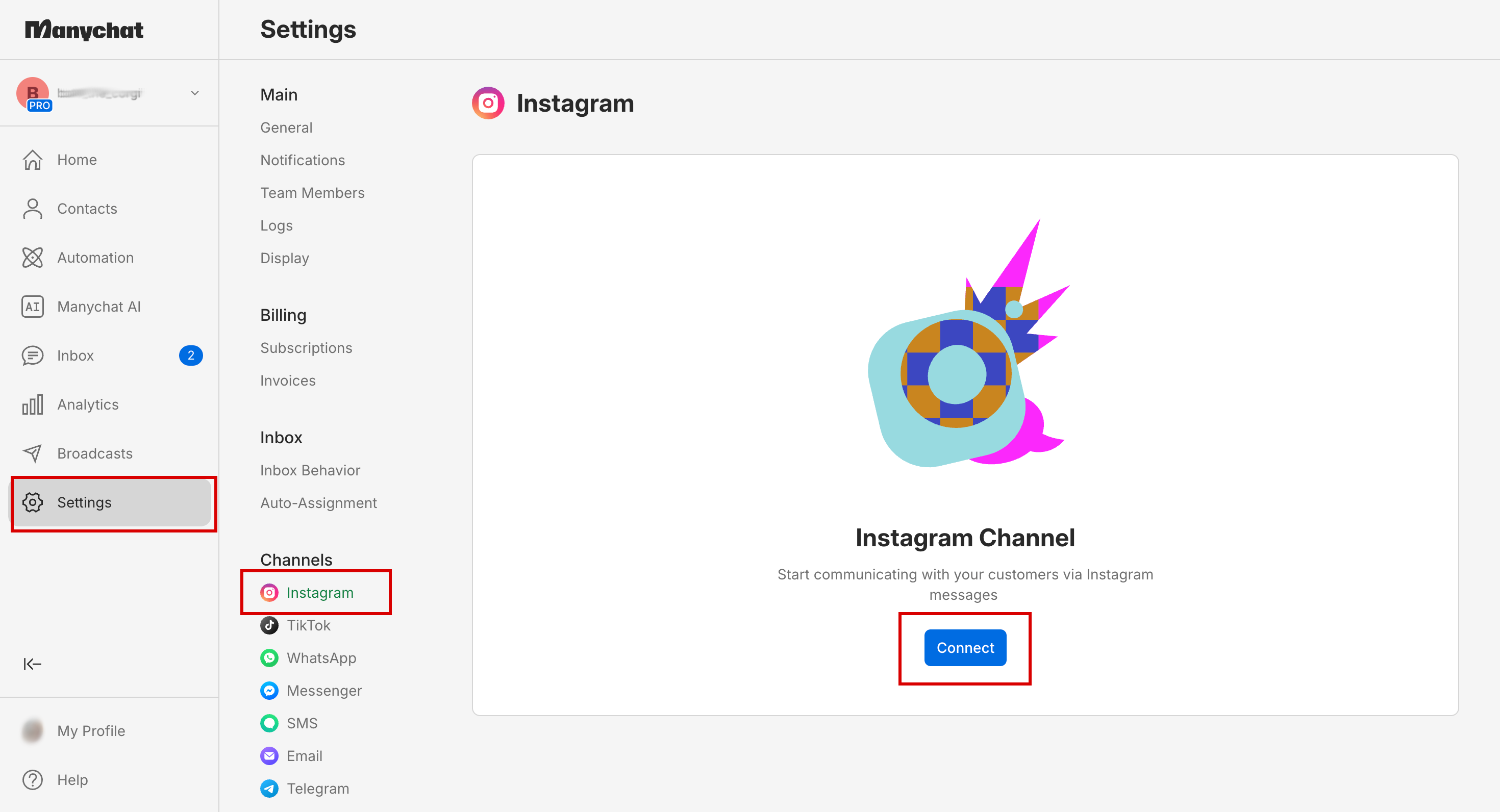 Configurações do Instagram: “Connect” significa “Conectar”.