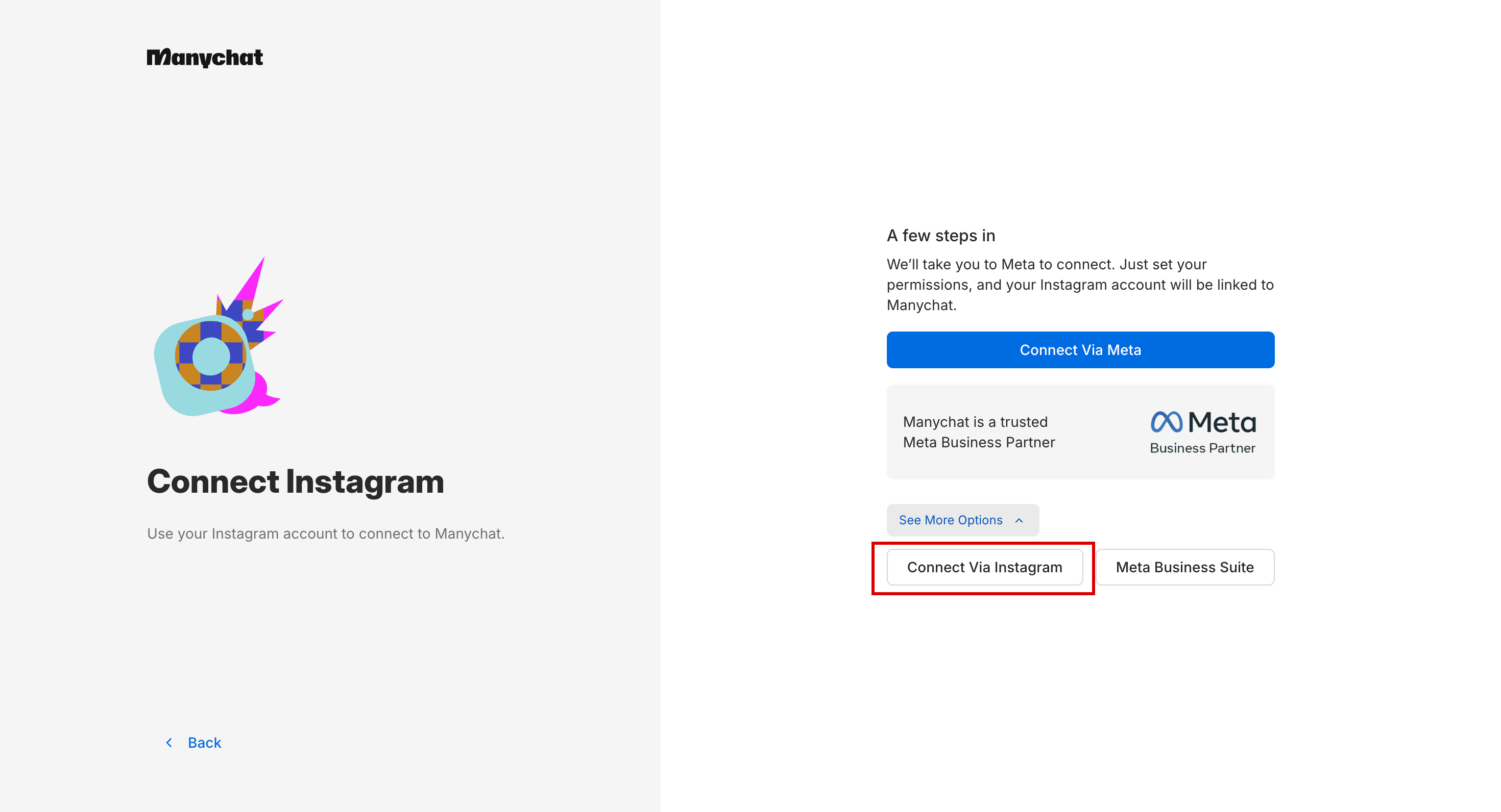Escolha do método: “Connect Via Instagram” significa conectar diretamente pelo Instagram.
