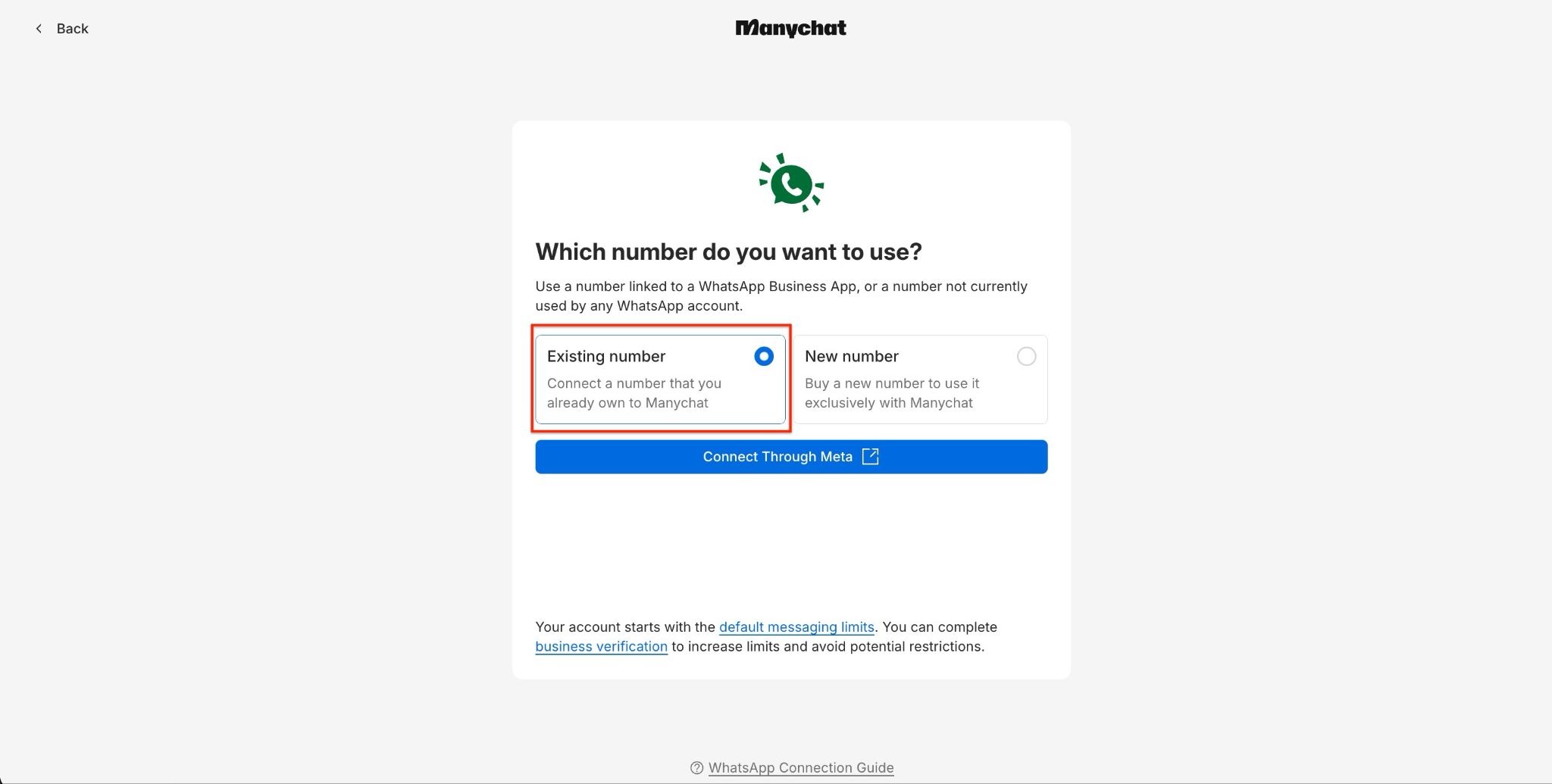 “Existing Number” significa número existente. “Connect Through Meta” abre a conexão pela Meta.