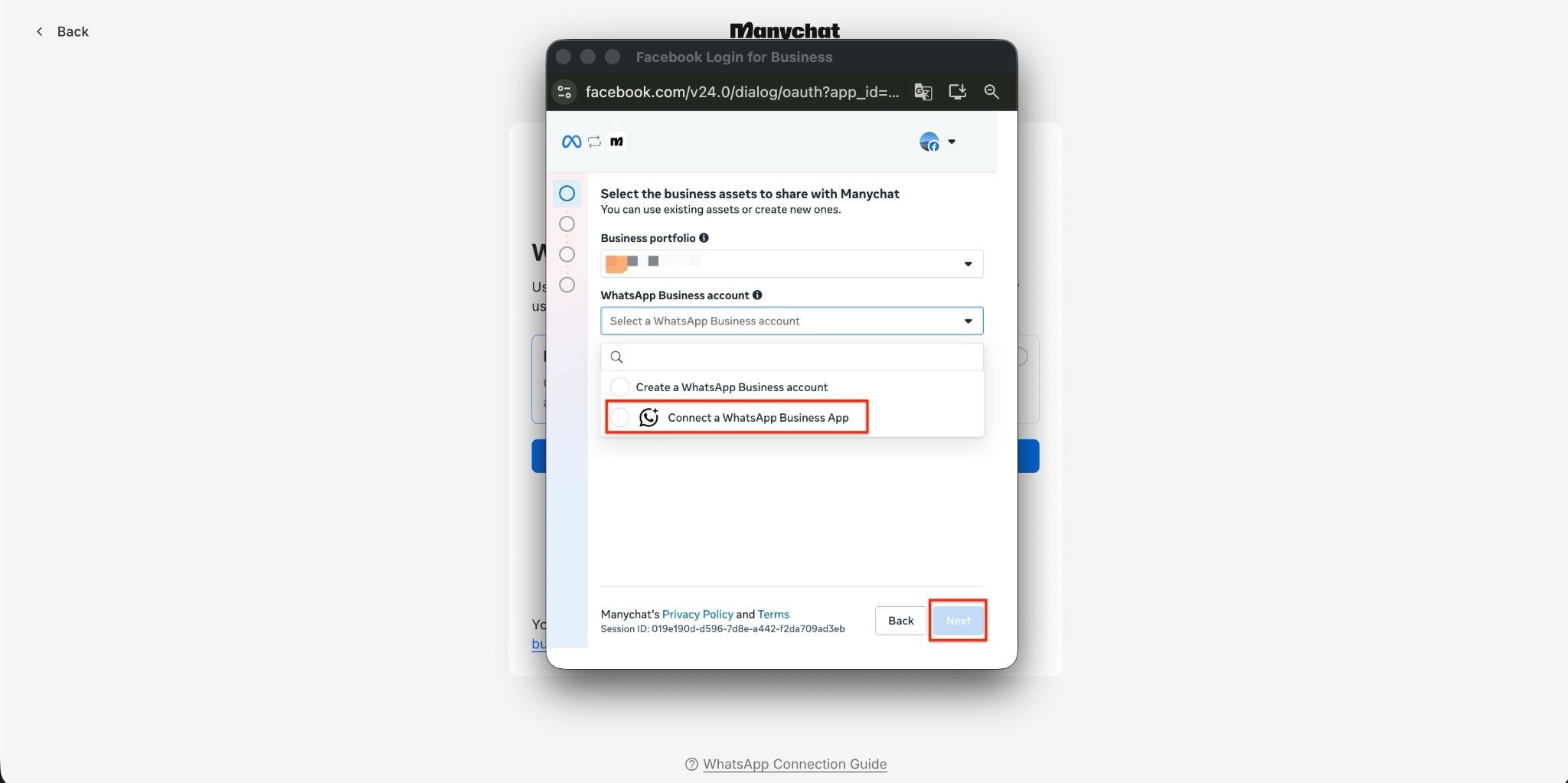 No caminho de coexistência, selecione conectar um aplicativo WhatsApp Business.