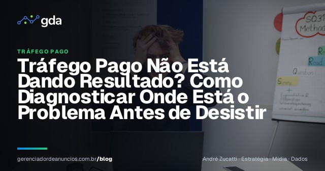Empresário revisando resultados de campanhas de anúncios em um laptop, com expressão de dúvida